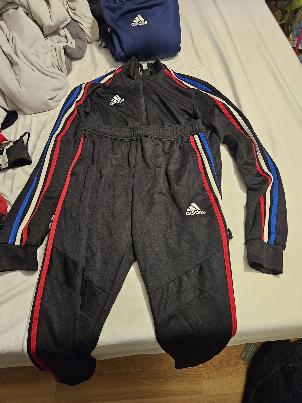 adidas Black Mens Sweatsuit with Red and Blue Side Stripes